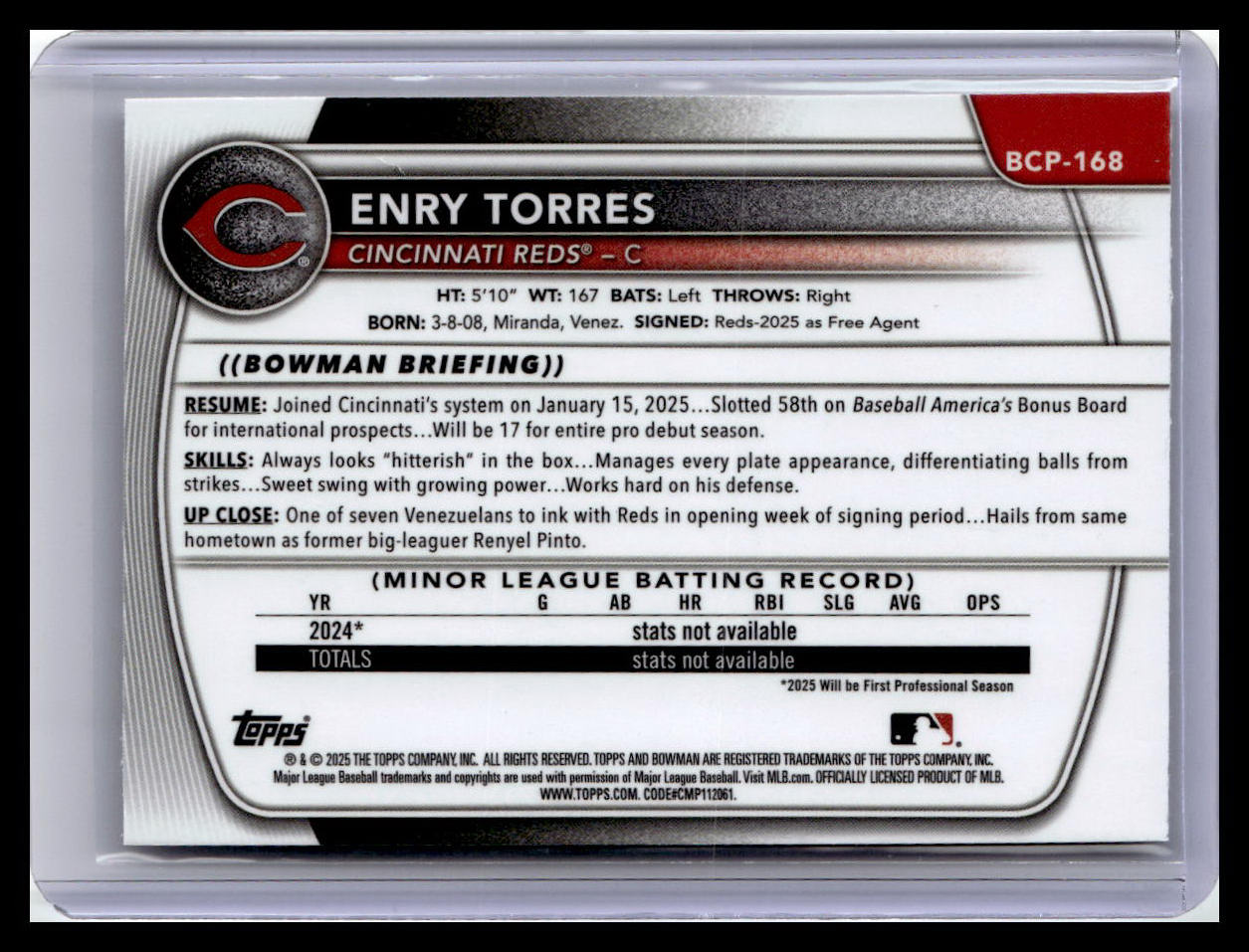 2025 Bowman Chrome #BCP-168 Enry Torres 1st Bowman Laser