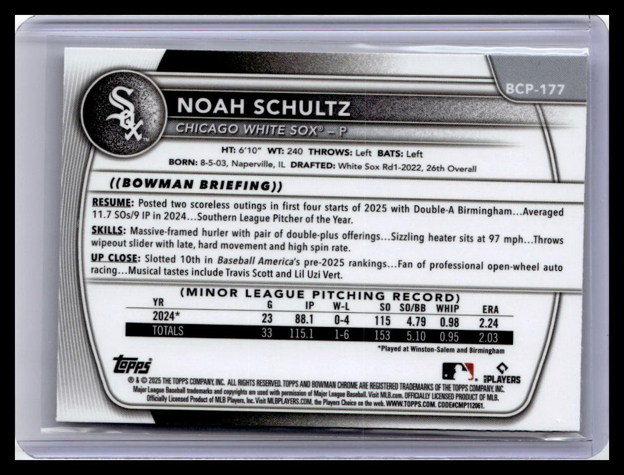 2025 Bowman Chrome #BCP-177 Noah Schultz 1st Bowman Laser