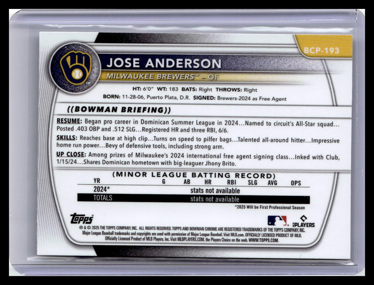2025 Bowman Chrome #BCP-193 Jose Anderson Prospects Mojo