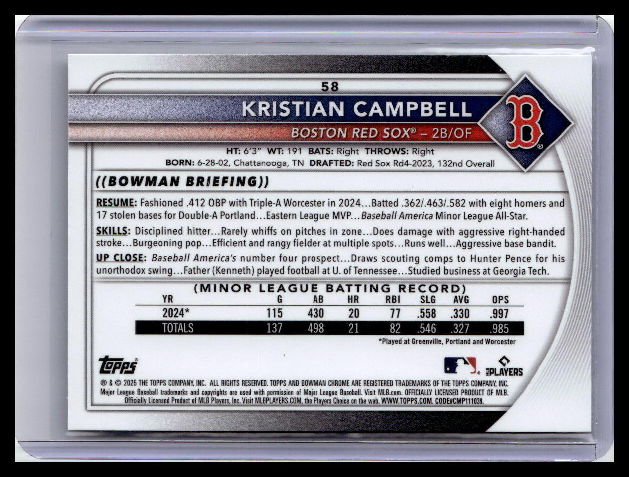 2025 Bowman Chrome #58 Kristian Campbell Mojo Refractors