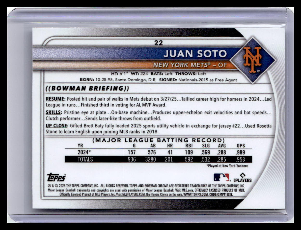 2025 Bowman Chrome #22 Juan Soto Mojo Refractors