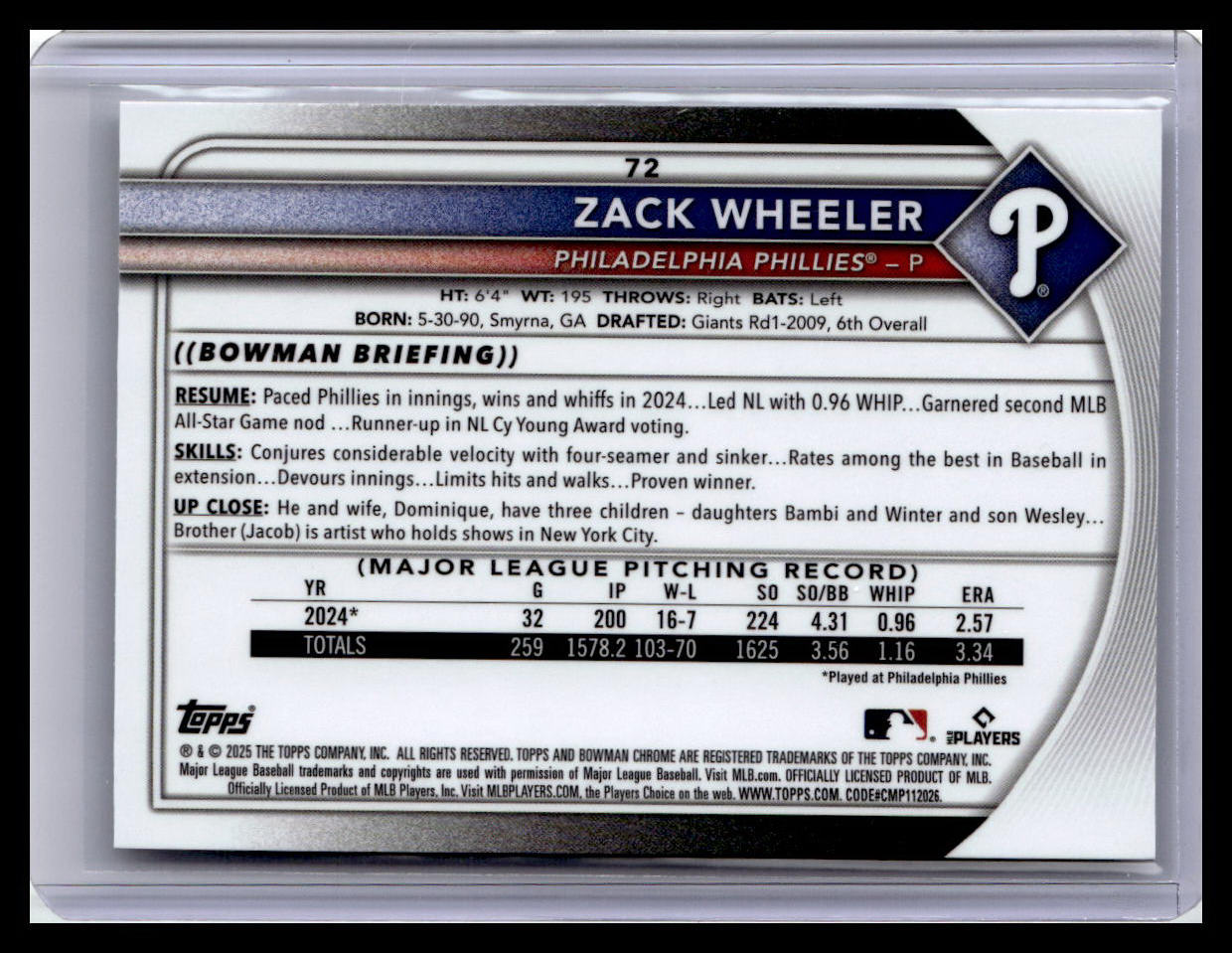 2025 Bowman Chrome #72 Zack Wheeler