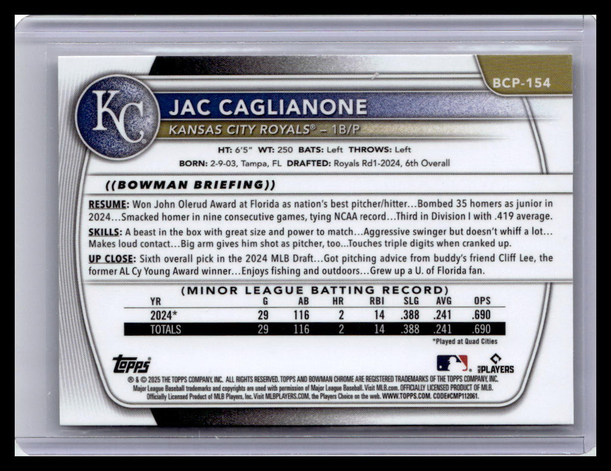 2025 Bowman Chrome #BCP-154 Jac Caglianone Prospects