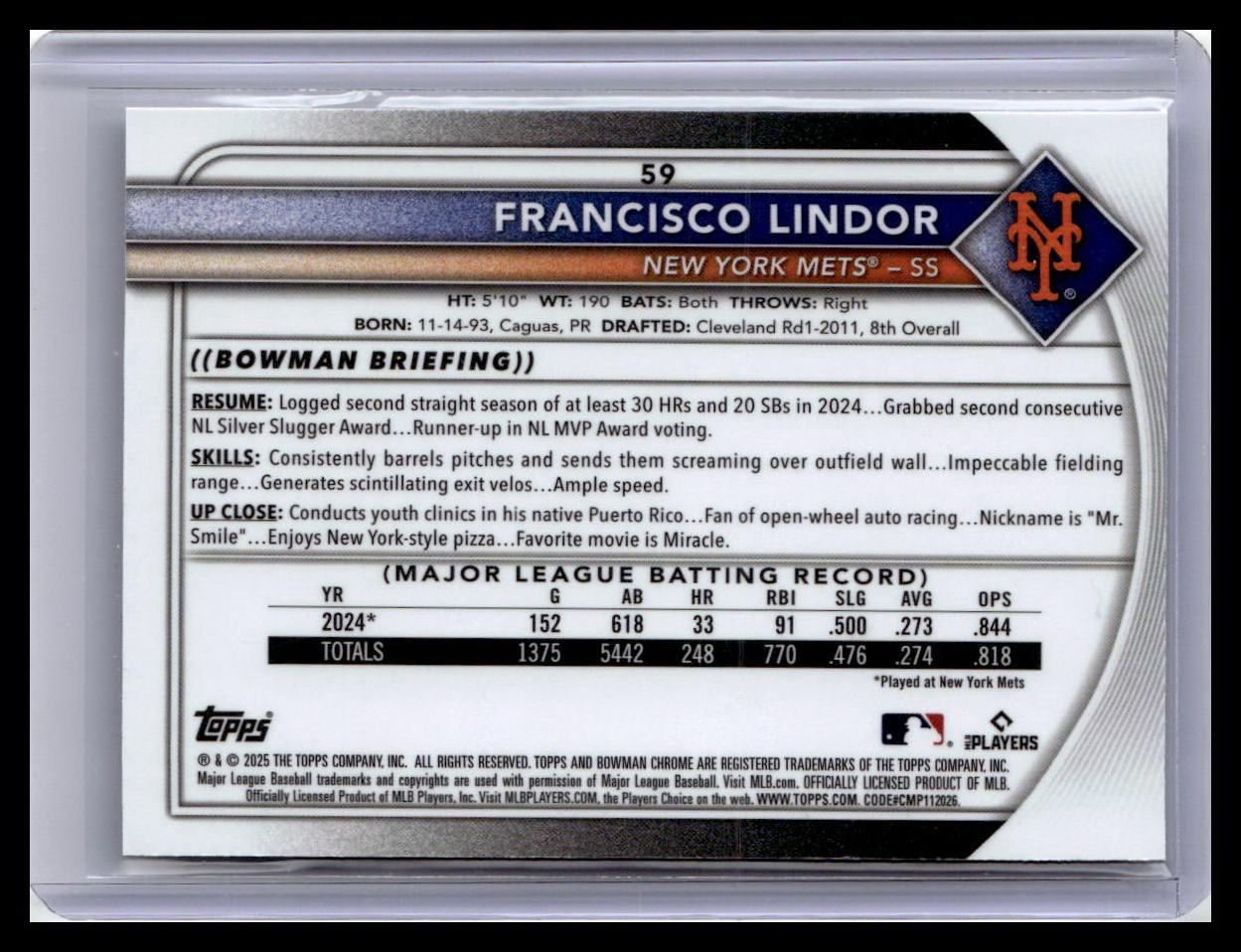 2025 Bowman Chrome #59 Francisco Lindor