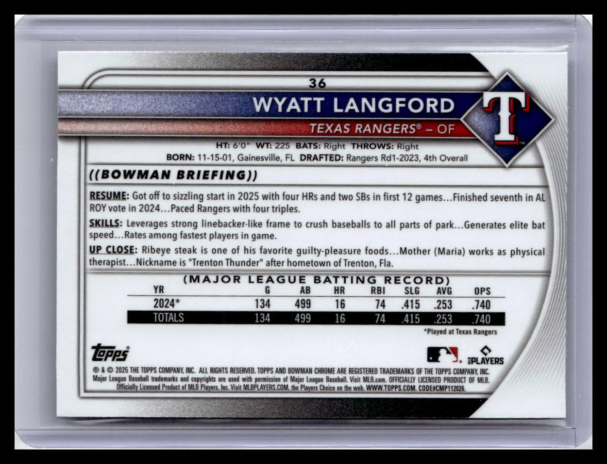 2025 Bowman Chrome #36 Wyatt Langford