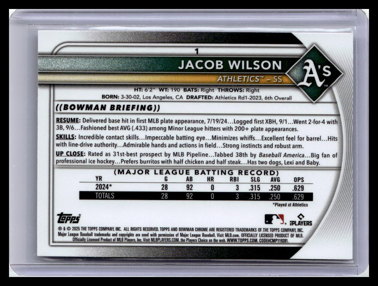 2025 Bowman Chrome #1 Jacob Wilson RC Red Variation