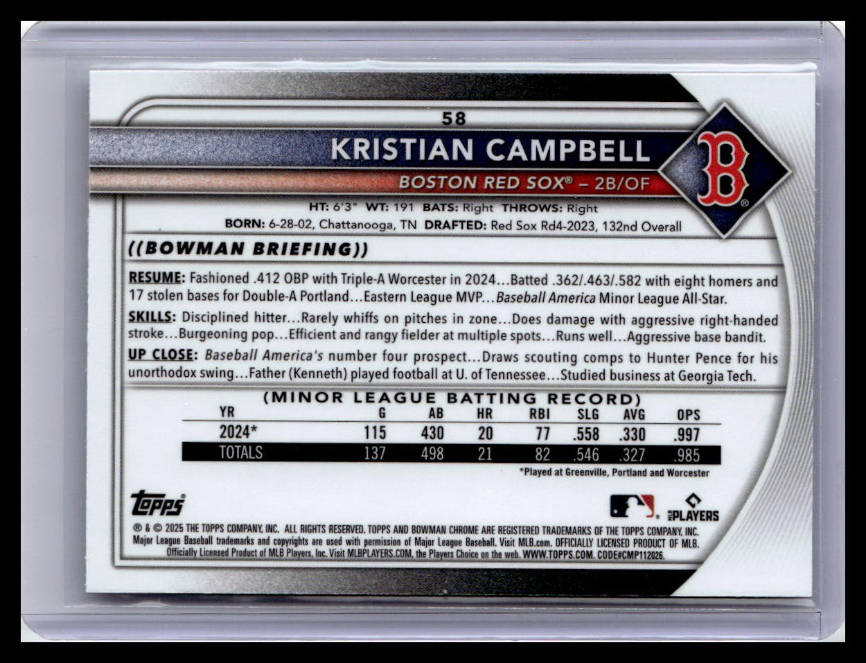 2025 Bowman Chrome #58 Kristian Campbell