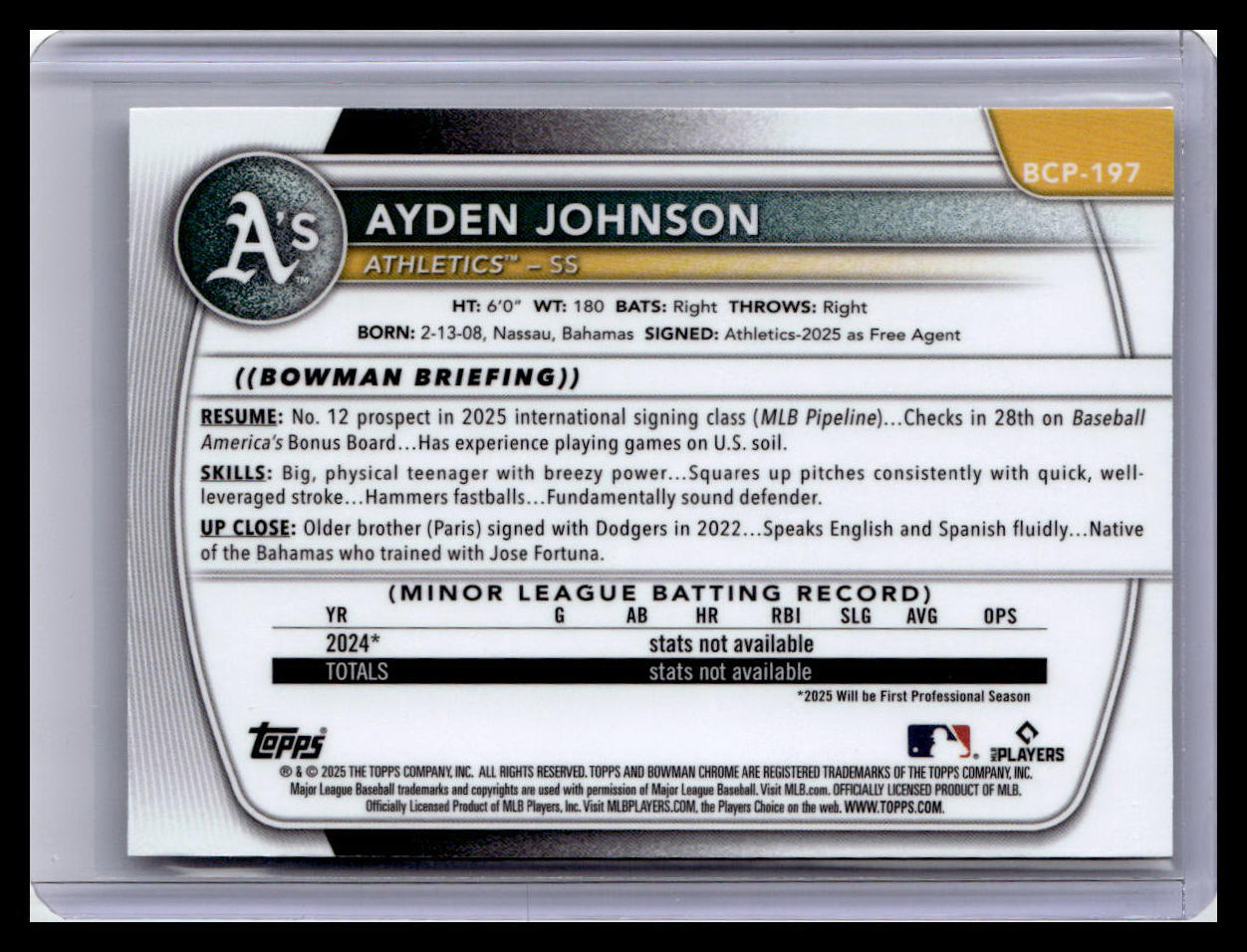2025 Bowman Chrome #BCP-197 Ayden Johnson 1st Bowman Mojo Refractor