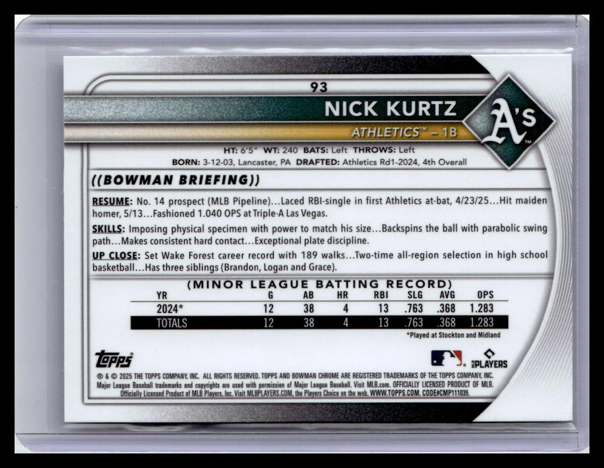 2025 Bowman Chrome #93 Nick Kurtz Mojo Refractors
