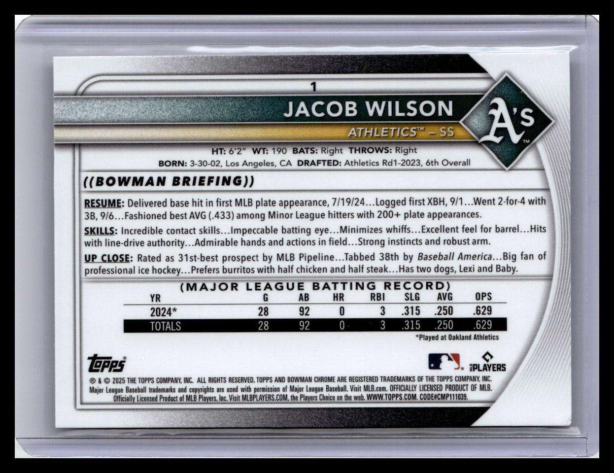 2025 Bowman Chrome #1 Jacob Wilson Mojo Refractors