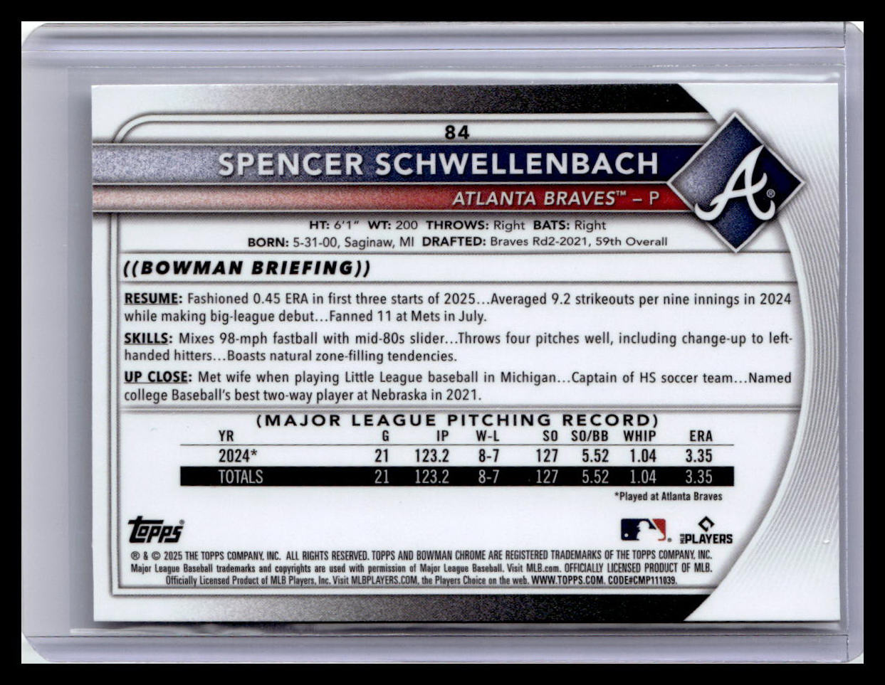 2025 Bowman Chrome #84 Spencer Schwellenbach Mojo Refractors