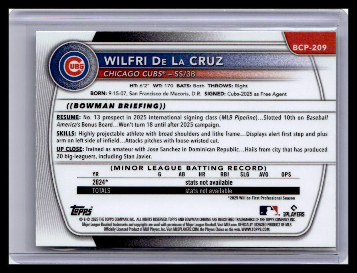 2025 Bowman Chrome #BCP-209 Wilfri De La Cruz 1st Bowman Mojo Refractor