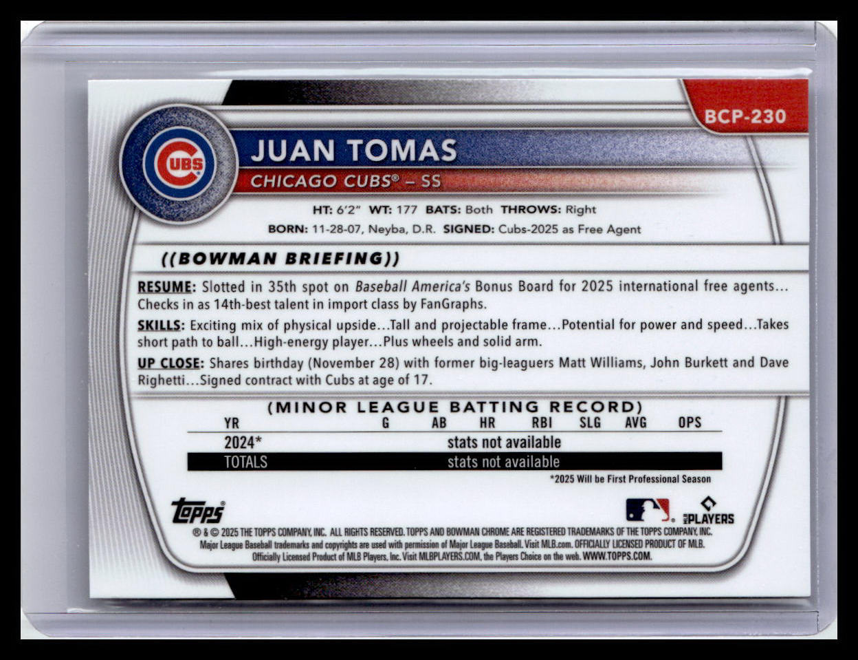 2025 Bowman Chrome #BCP-230 Juan Tomas 1st Bowman Mojo Refractor