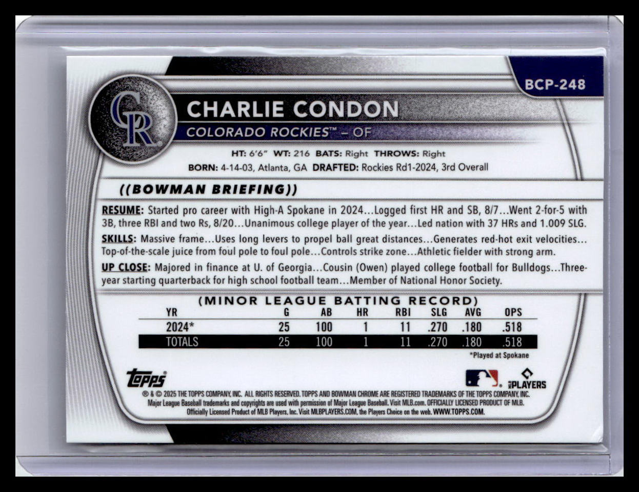 2025 Bowman Chrome #BCP-248 Charlie Condon Prospects Mojo