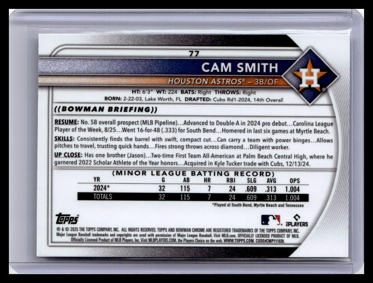 2025 Bowman Chrome #77 Cam Smith Mojo Refractors