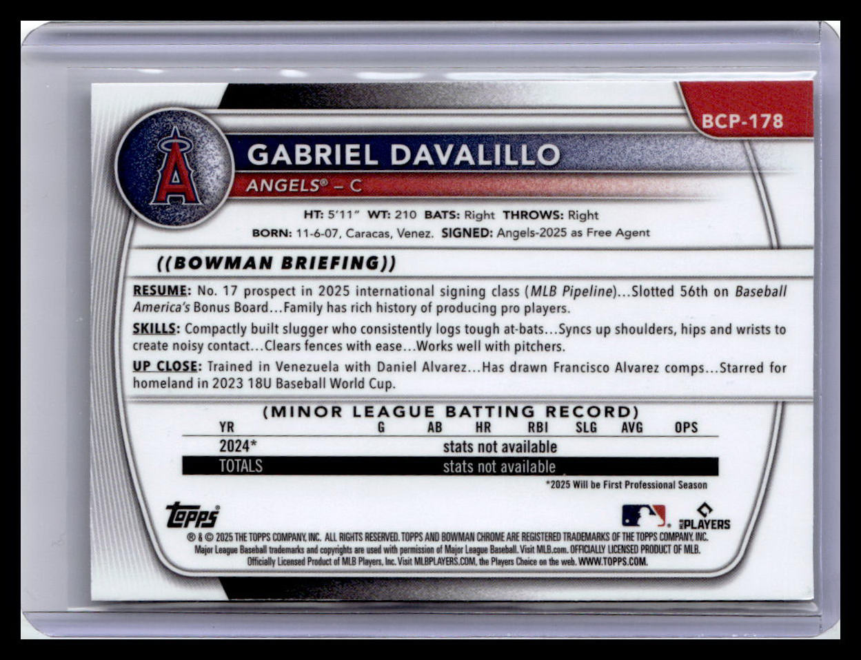 2025 Bowman Chrome #BCP-178 Gabriel Davalillo 1st Bowman Mojo Refractor
