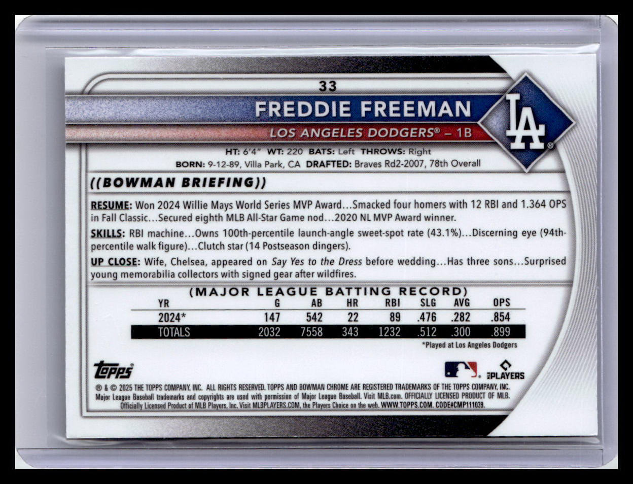 2025 Bowman Chrome #33 Freddie Freeman Mojo Refractors