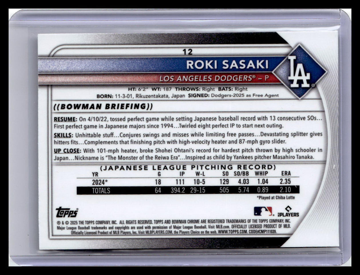 2025 Bowman Chrome #12 Roki Sasaki Mojo Refractors