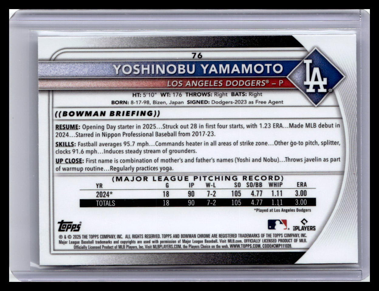2025 Bowman Chrome #76 Yoshinobu Yamamoto Mojo Refractors