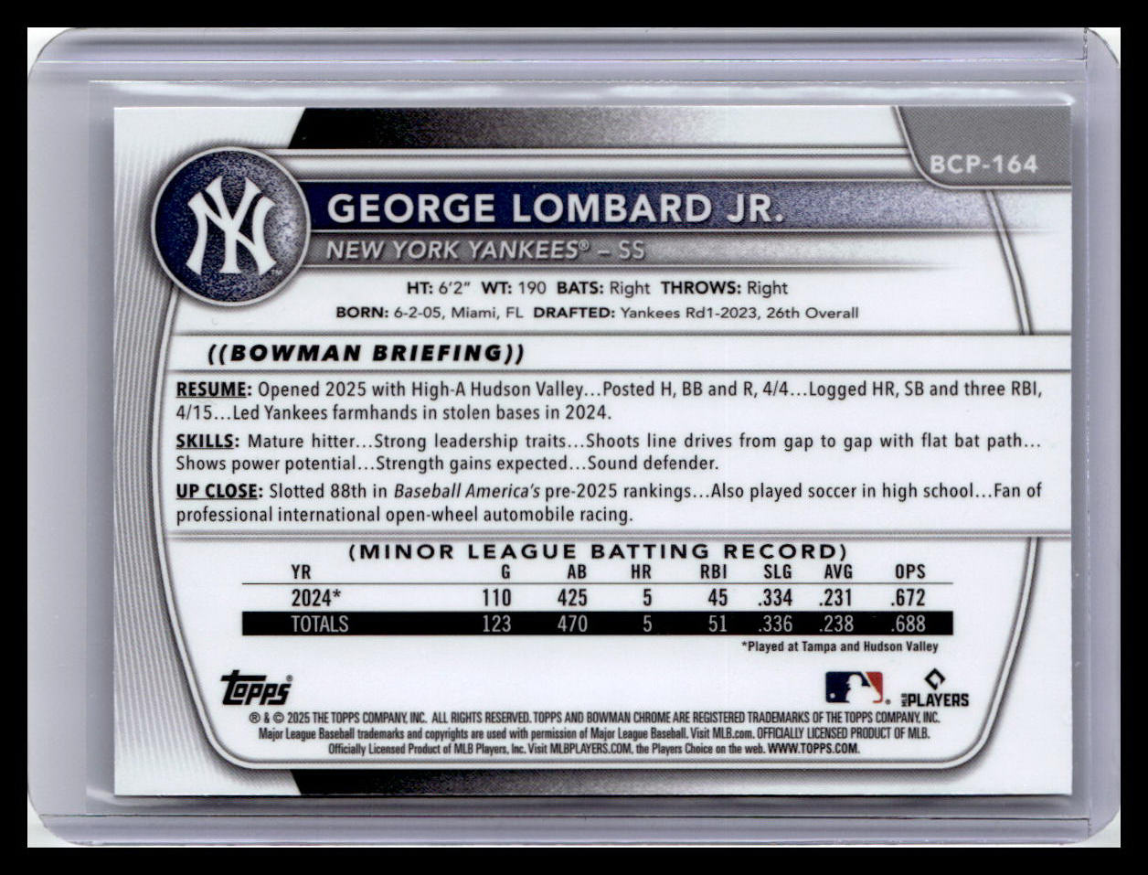 2025 Bowman Chrome #BCP-164 George Lombard Jr. Prospects Mojo