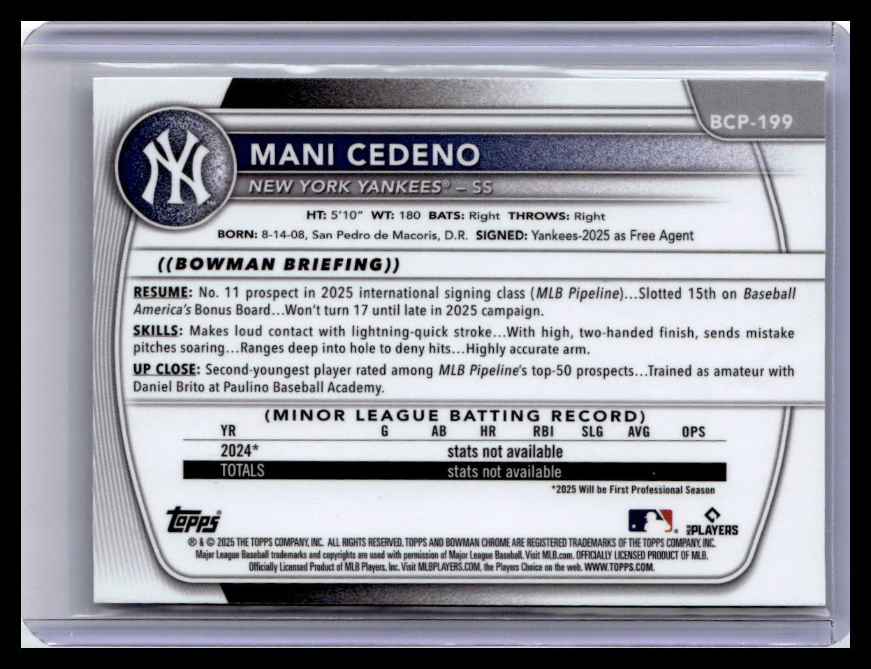 2025 Bowman Chrome #BCP-199 Mani Cedeno 1st Bowman Mojo Refractor