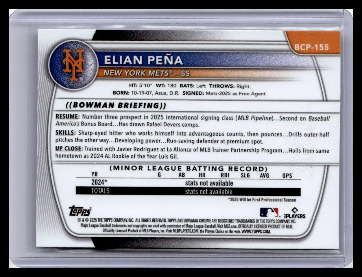 2025 Bowman Chrome #BCP-155 Elian Peña 1st Bowman Mojo Refractor