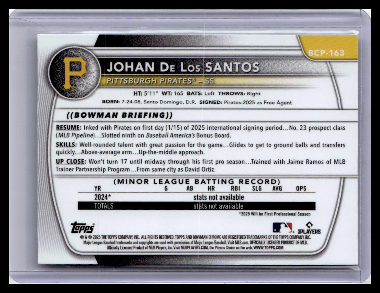2025 Bowman Chrome #BCP-163 Johan De Los Santos 1st Bowman Mojo Refractor 1