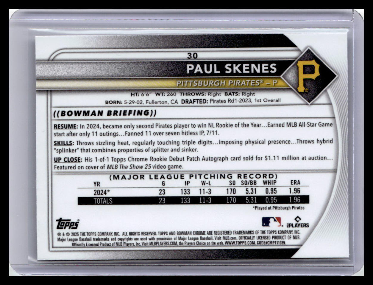 2025 Bowman Chrome #30 Paul Skenes Mojo Refractors
