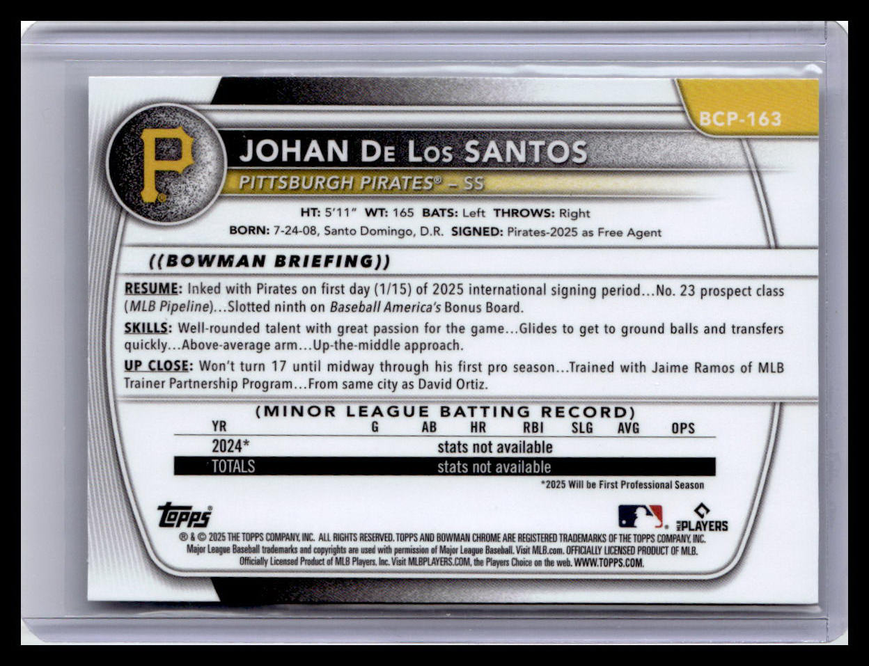 2025 Bowman Chrome #BCP-163 Johan De Los Santos 1st Bowman Mojo Refractor