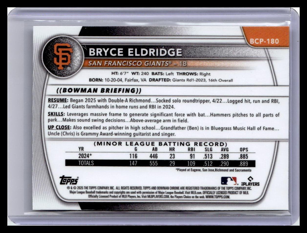 2025 Bowman Chrome #BCP-180 Bryce Eldridge Prospects Mojo