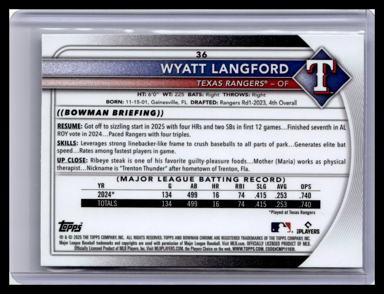 2025 Bowman Chrome #36 Wyatt Langford Mojo Refractors