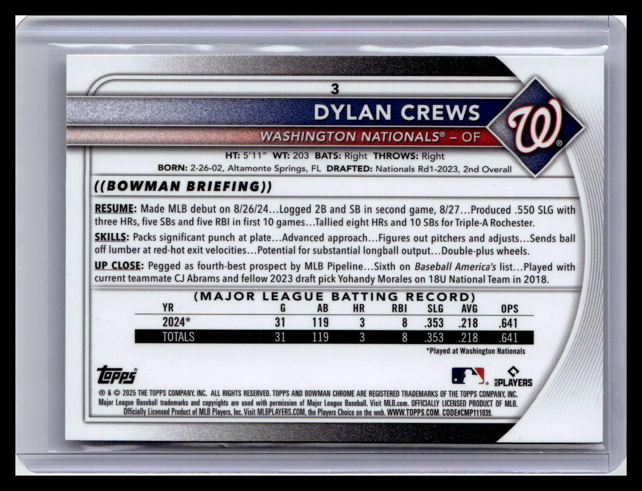2025 Bowman Chrome #3 Dylan Crews Mojo Refractors