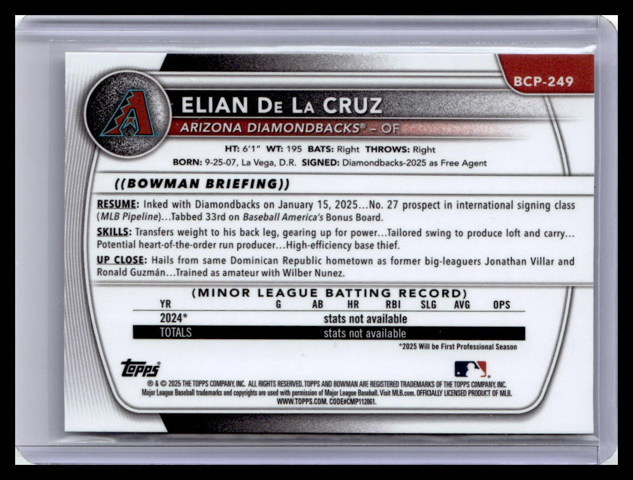 2025 Bowman Chrome #BCP-249 Elian De La Cruz 1st Bowman