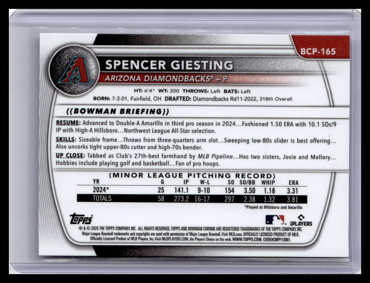 2025 Bowman Chrome #BCP-165 Spencer Giesting Prospects 1st Bowman