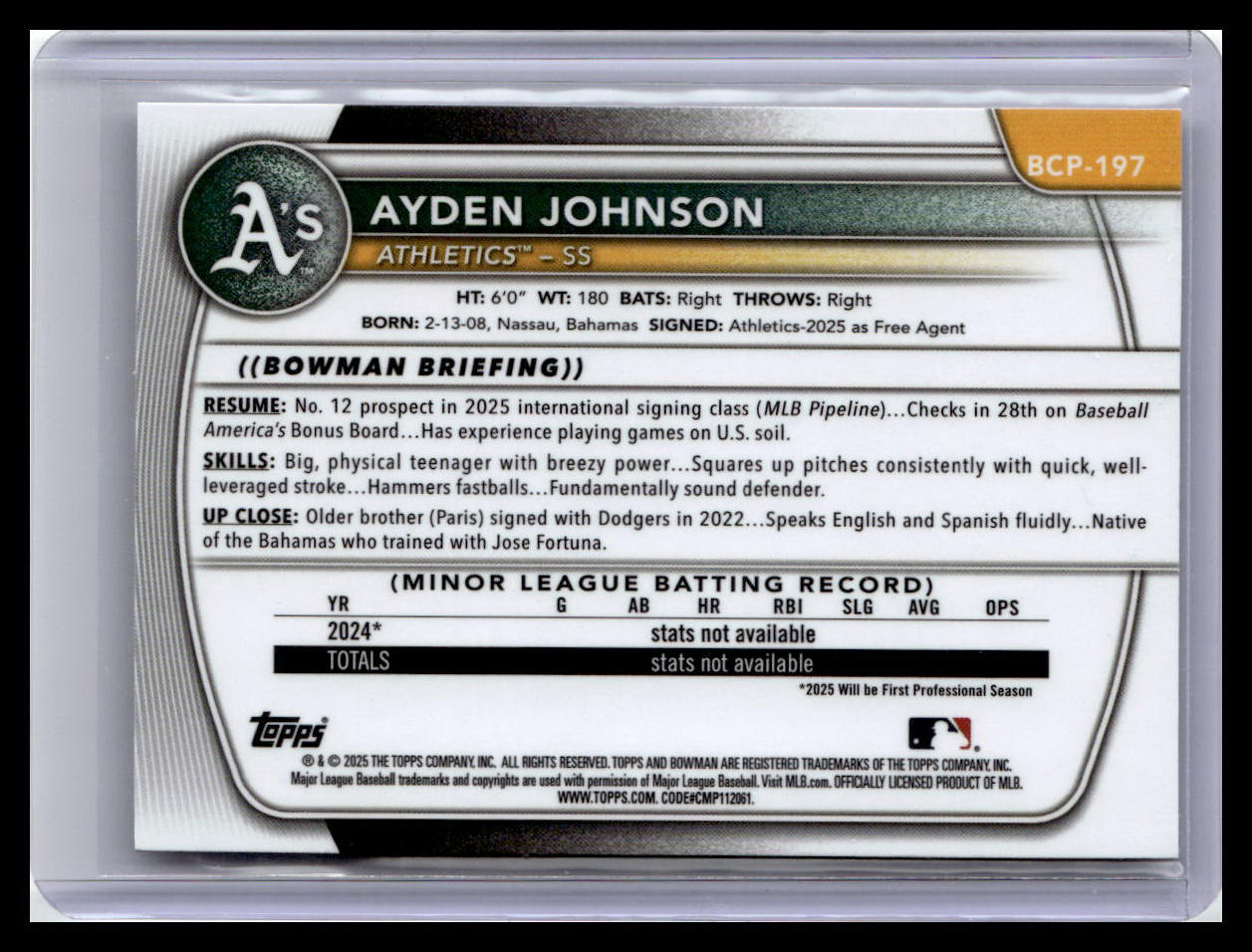 2025 Bowman Chrome #BCP-197 Ayden Johnson Prospects 1st Bowman