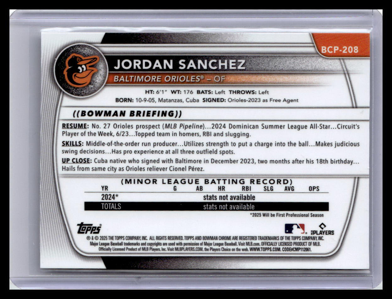 2025 Bowman Chrome #BCP-208 Jordan Sanchez Prospects 1st Bowman