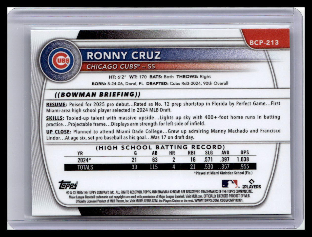 2025 Bowman Chrome #BCP-213 Ronny Cruz Prospects 1st Bowman