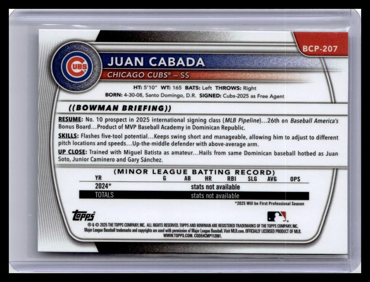 2025 Bowman Chrome #BCP-207 Juan Cabada Prospects 1st Bowman