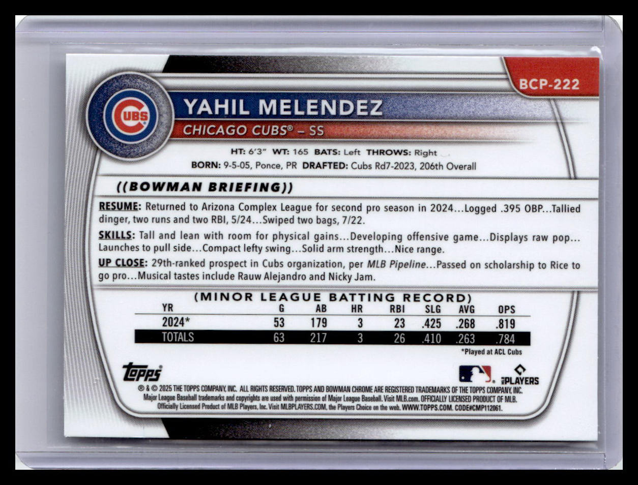 2025 Bowman Chrome #BCP-222 Yahil Melendez Prospects 1st Bowman