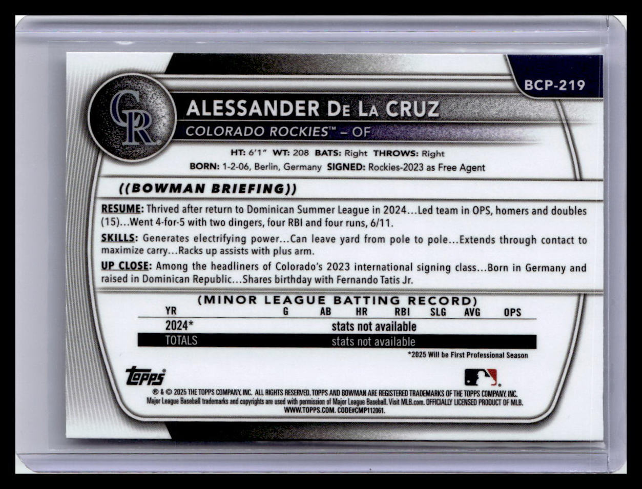 2025 Bowman Chrome #BCP-219 Alessander De La Cruz Prospects 1st Bowman