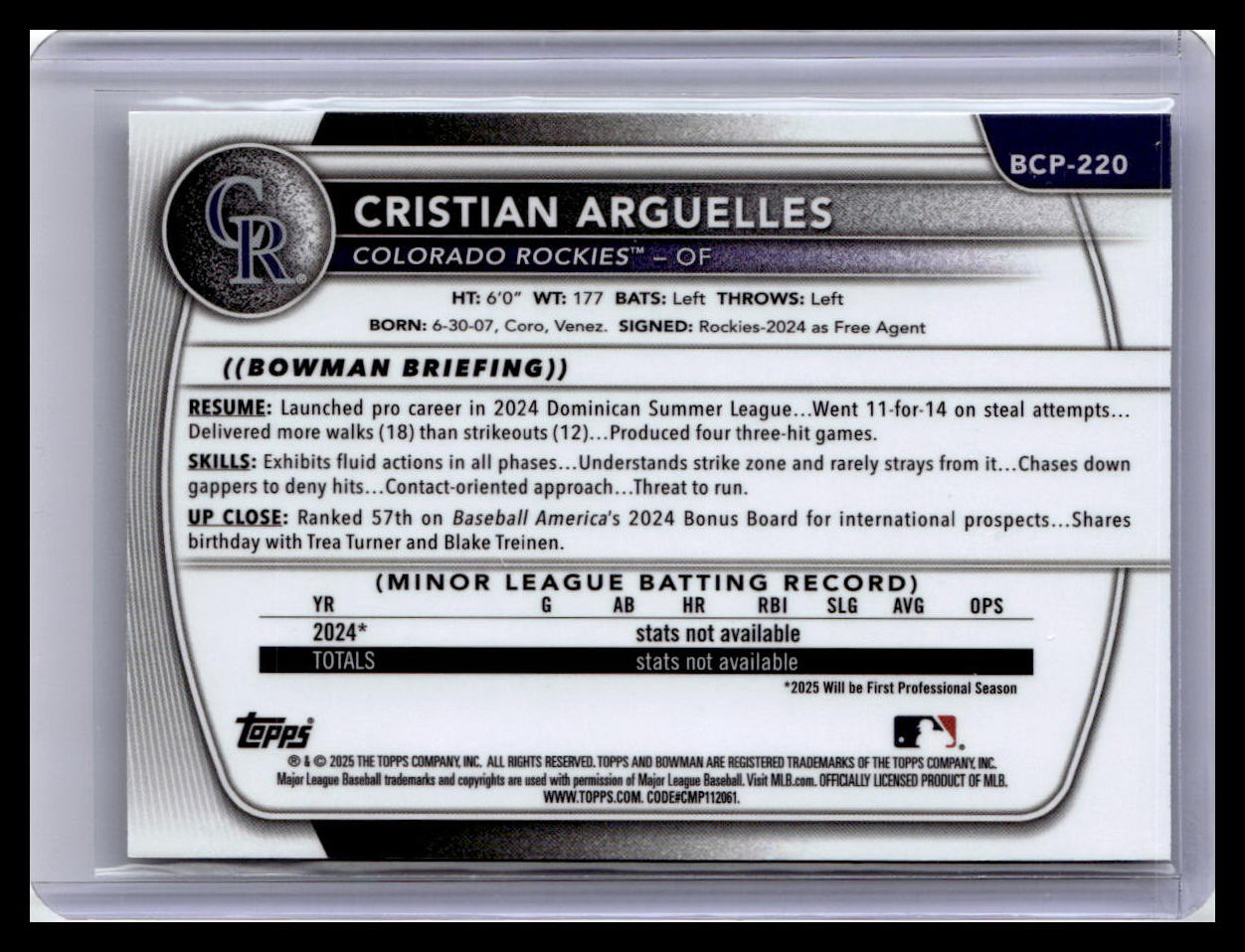 2025 Bowman Chrome #BCP-220 Cristian Arguelles Prospects 1st Bowman