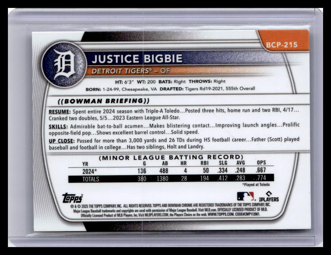 2025 Bowman Chrome #BCP-215 Justice Bigbie Prospects 1st Bowman