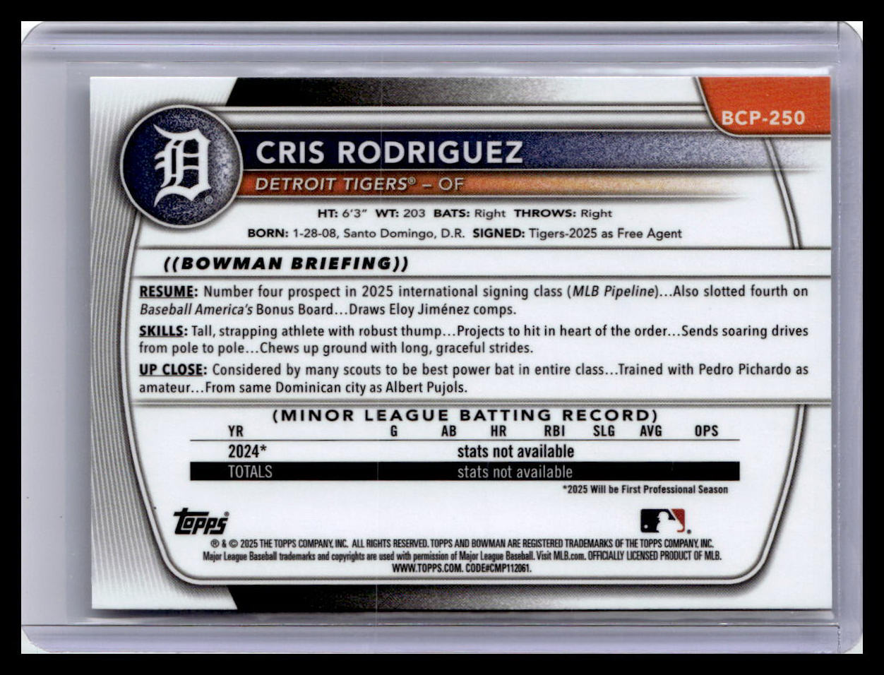 2025 Bowman Chrome #BCP-250 Cris Rodriguez Prospects 1st Bowman