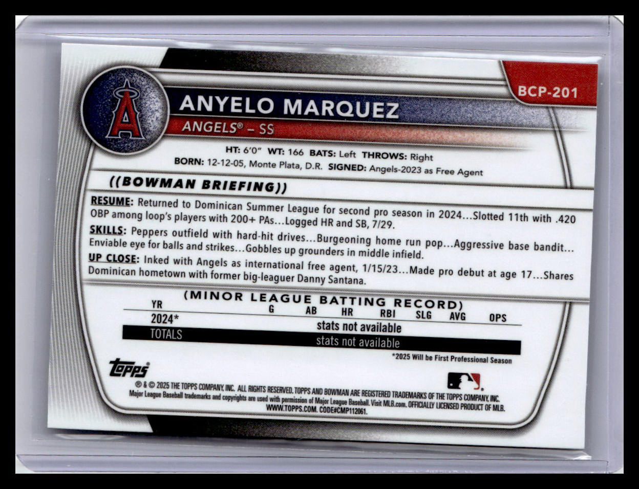 2025 Bowman Chrome #BCP-201 Anyelo Marquez Prospects 1st Bowman
