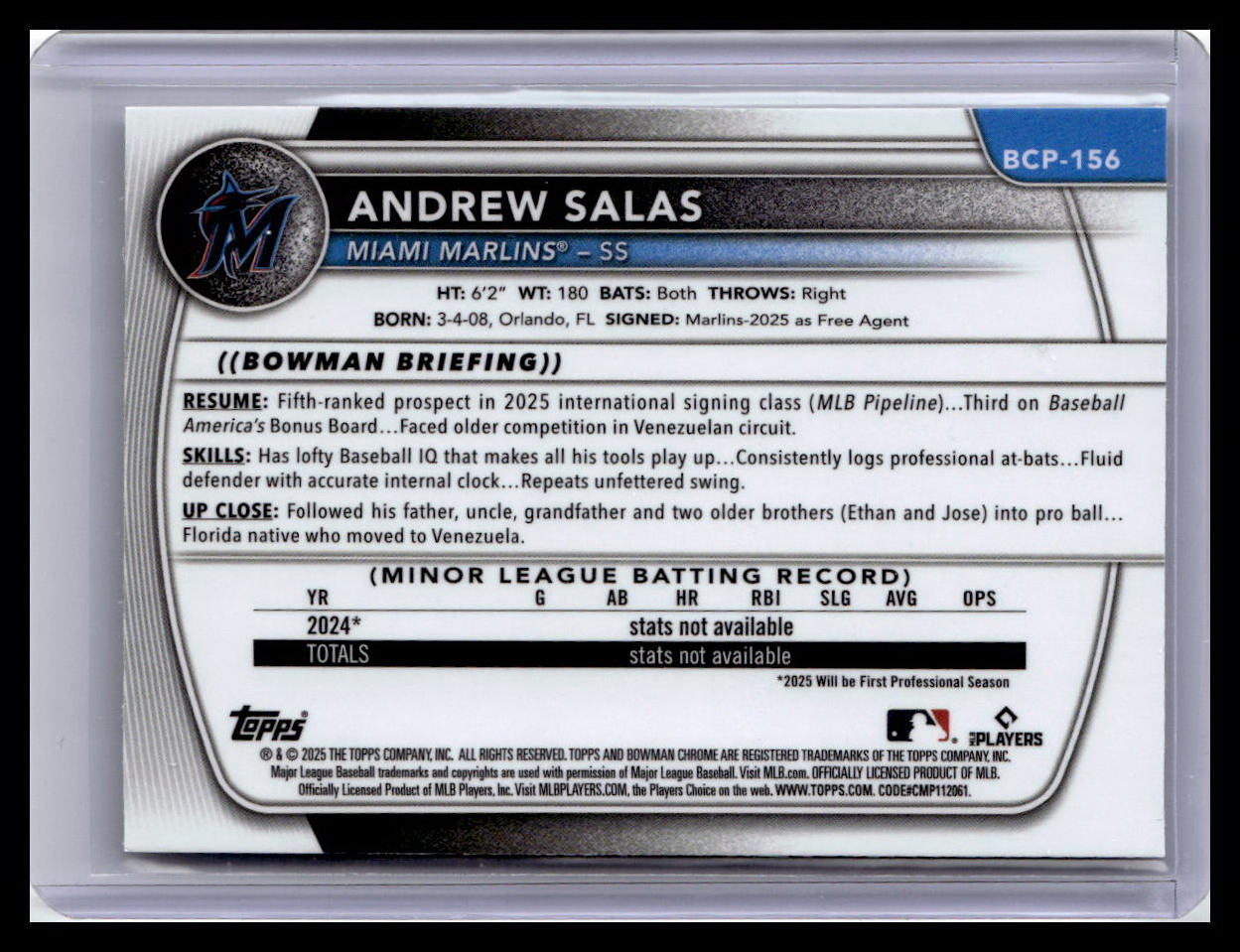 2025 Bowman Chrome #BCP-156 Andrew Salas Prospects 1st Bowman