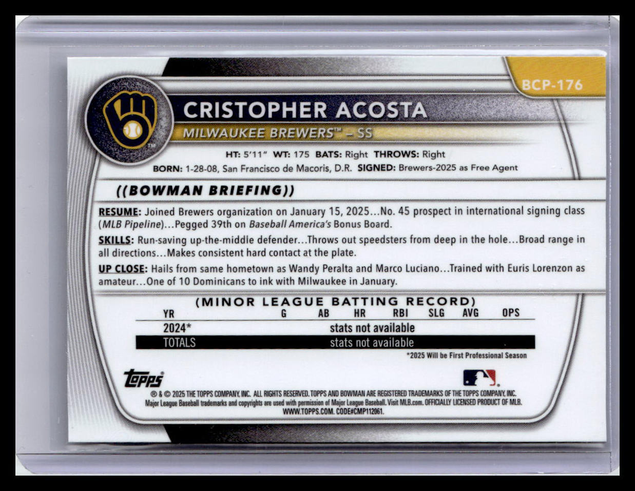 2025 Bowman Chrome #BCP-176 Cristopher Acosta Prospects 1st Bowman