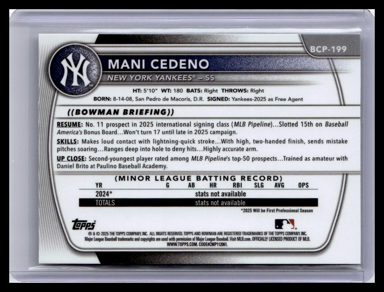 2025 Bowman Chrome #BCP-199 Mani Cedeno Prospects 1st Bowman