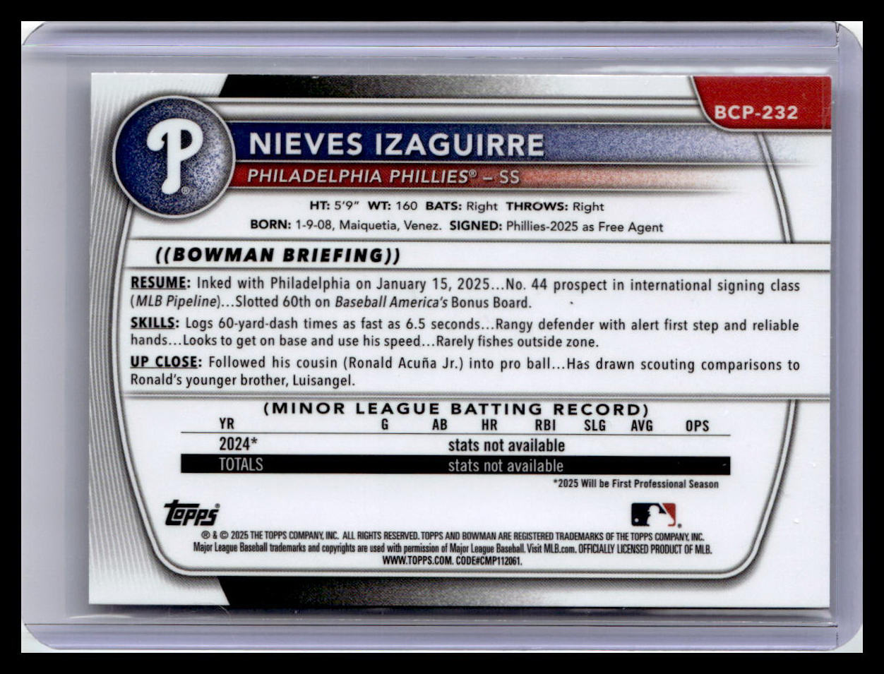 2025 Bowman Chrome #BCP-232 Nieves Izaguirre Prospects 1st Bowman