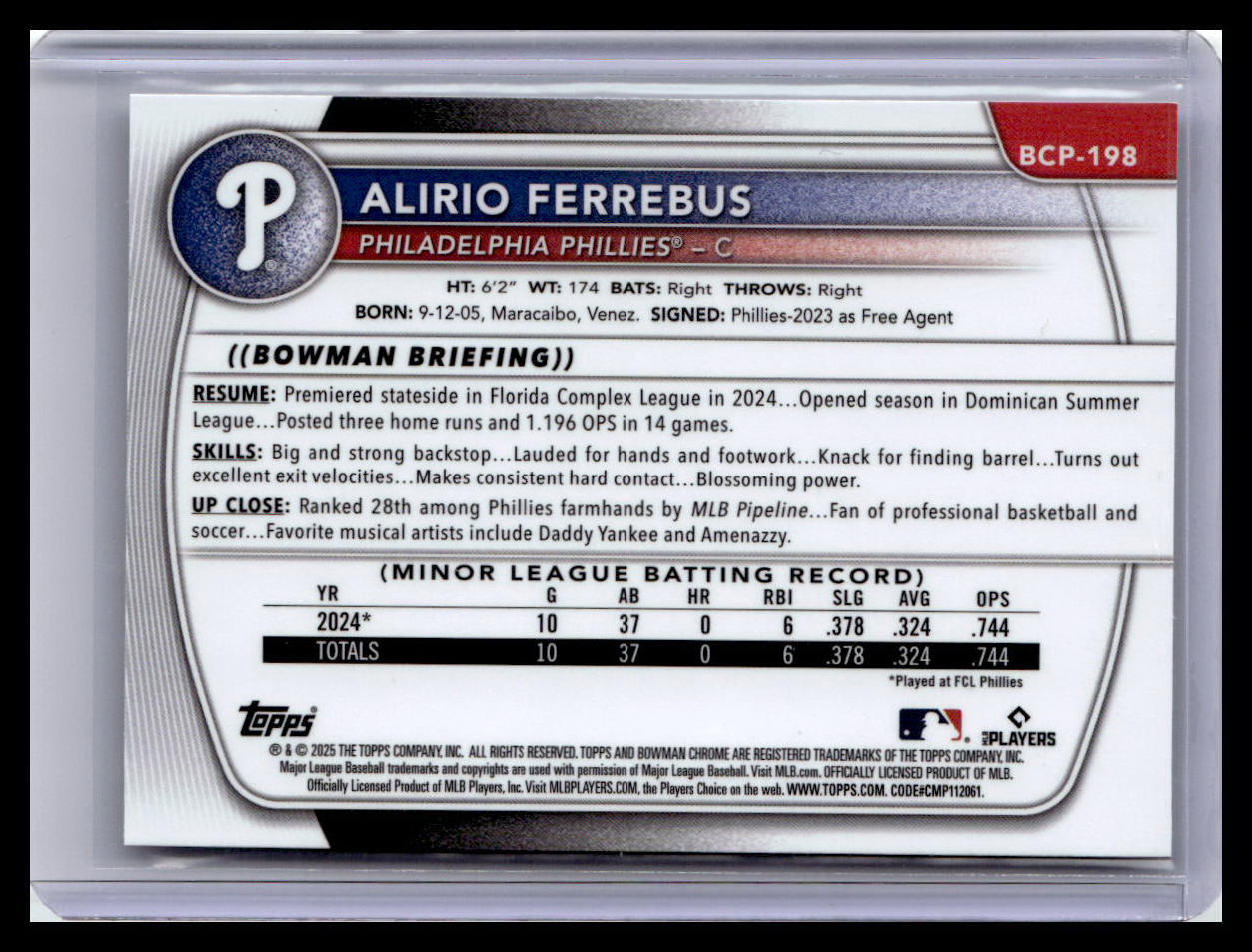 2025 Bowman Chrome #BCP-198 Alirio Ferrebus Prospects 1st Bowman