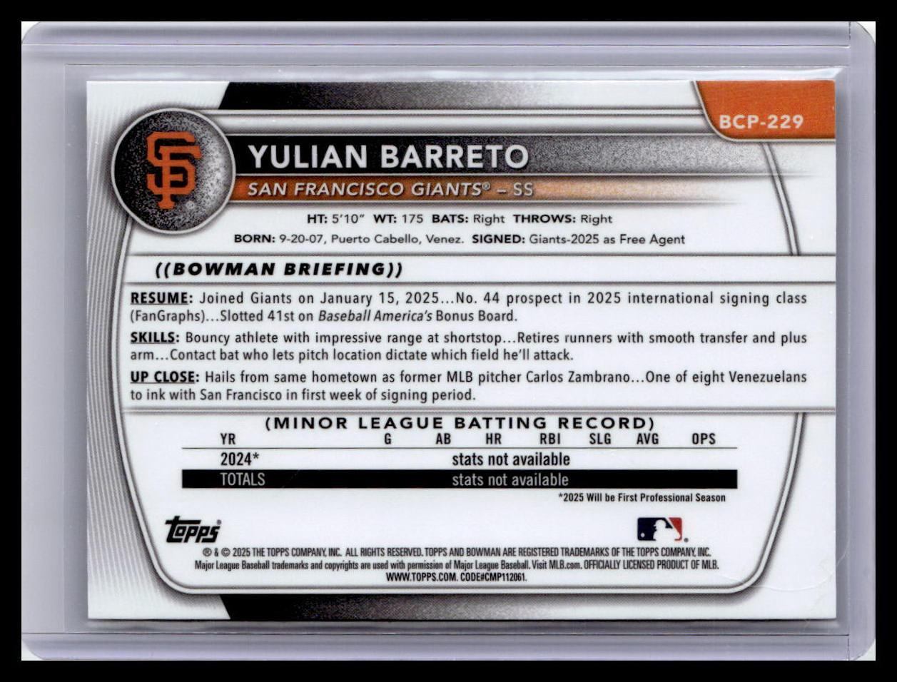 2025 Bowman Chrome #BCP-229 Yulian Barreto Prospects 1st Bowman